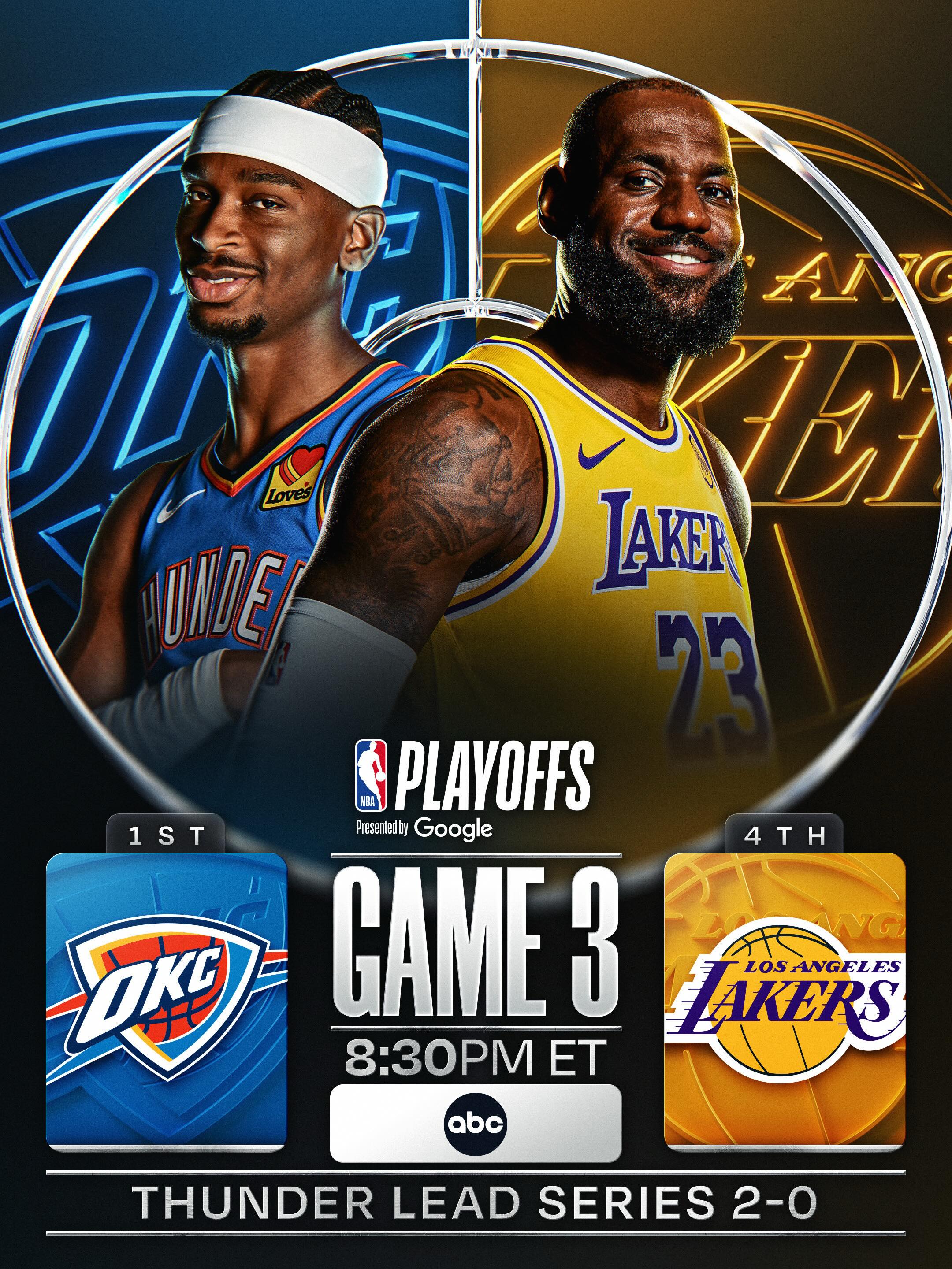 As the series shifts to Los Angeles, Shai and @okcthunder look to stay unbeaten this Playoffs and take a 3-0 lead. LeBron and the @lakers aim to get on the board at home. Thunder/Lakers Game 3 📺 8:30pm/et on ABC🍿 NBA Playoffs presented by @google