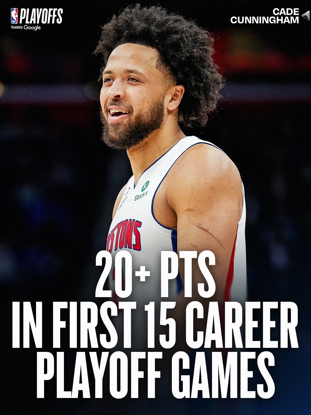 HISTORY FOR DETROIT’S STAR GUARD 🔥 @cadecunn1ngham (25 points in Game 2 win) became the 4th player in NBA history to score 20+ points in each of his first 15 career playoff games 😱 Joining Kareem Abdul-Jabbar (27 games), LeBron James (19 games), and Anthony Davis (16 games)!