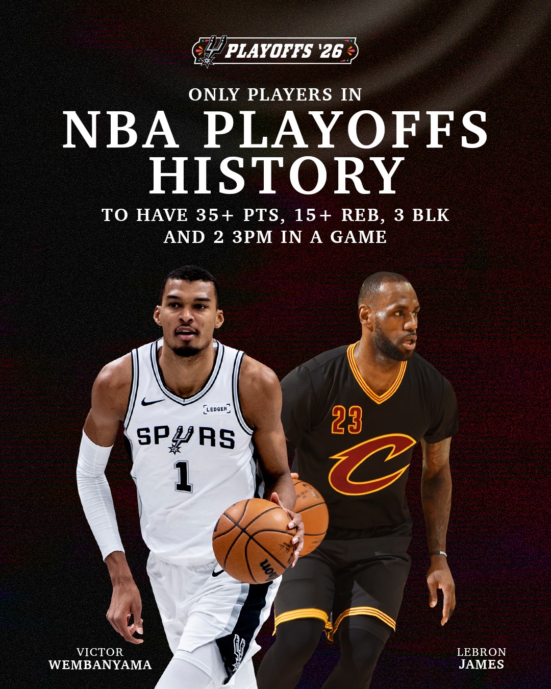 Last night @wemby became the second player in NBA Playoffs history to have 35+ points, 15+ rebounds, 3 blocks and 2 threes 👽

The only other: LeBron James in Game 5 of the 2016 NBA Finals