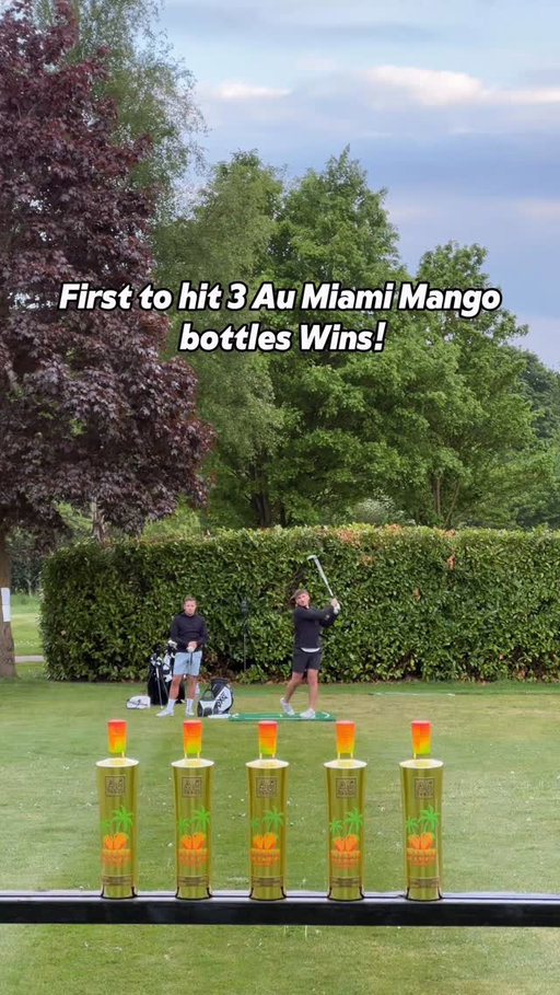 AD First to hit 3 of the New @auvodka Miami Mango Bottles wins! These bottles are indestructible! #golf #miamimango