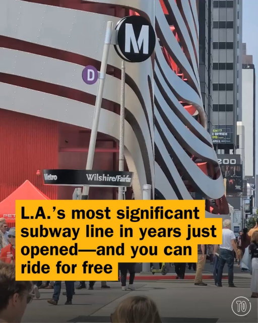 It’s time to ride the D: @metrolosangeles just debuted three new subway stops, and they're kind of a big deal 🚇

The D Line extension includes three new stations: Wilshire/La Brea, near République; Wilshire/Fairfax, right across from LACMA; and Wilshire/La Cienega, just over the Beverly Hills border. And in 2027, the line will expand even farther west toward Century City and UCLA.

To celebrate, the entire Metro system is free through 3am on Monday, May 11 (use code 050826 for Metro Bike Share).

Tap the link in our bio for everything you need to know about riding Metro.