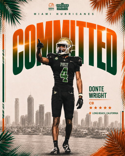 🚨BREAKING🚨 Class of 2027 5⭐️ CB Donte Wright has flipped his commitment from Georgia to the University of Miami!🙌🔥

The 6’1, 170 pound prospect ranks as the No. 9 player in the nation, the No. 2 cornerback, and the No. 1 player in the state of California🔥
•
•
•
•
#ItsAllAboutTheU #Canes🙌 #MiamiHurricanes #TheU #miami