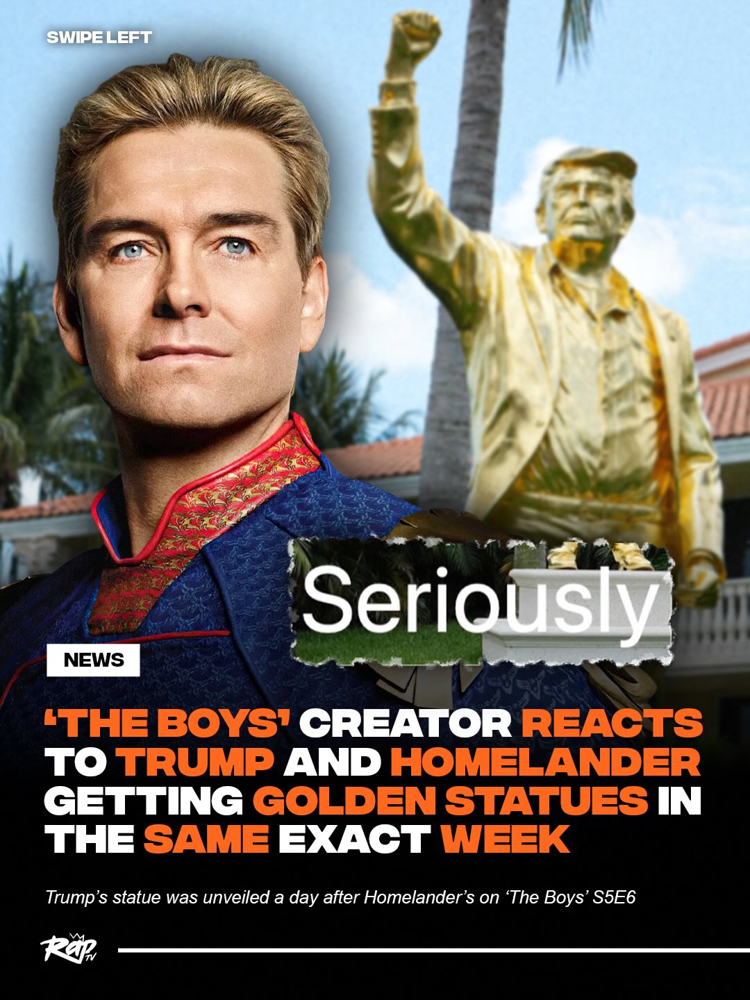 ‘The Boys’ creator can’t believe Trump and Homelander got statues in the same week‼️

President Trump unveiled a statue of himself at his Mar-a-Lago estate on May 7. On May 6, ‘The Boys’ episode “Though the Heavens Fall” featured a scene where Homelander also gets a golden statue 🤯

Eric Kripke posted a photo of Trump’s statue next to Homelander’s with the caption: “Seriously what the f**k?” 👀

What do y’all think of this⁉️