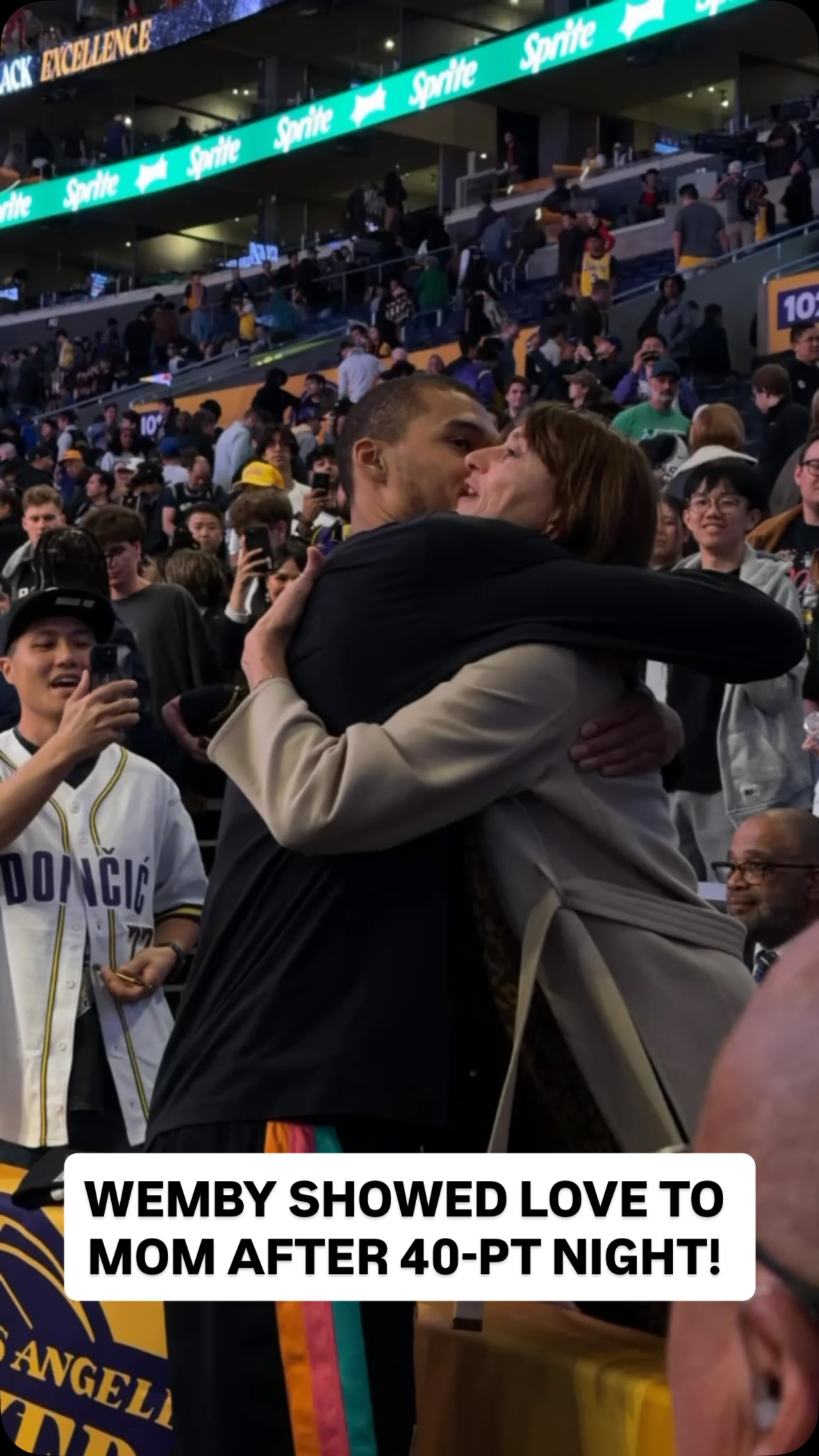 Hugs from mom after games hit differently. Especially after dropping 40 in Los Angeles, like @wemby! 🙌 Catch the @spurs superstar play in Game 4 of the Western Conference Semifinals at 7:30pm/et on NBC/Peacock. NBA Playoffs presented by @google