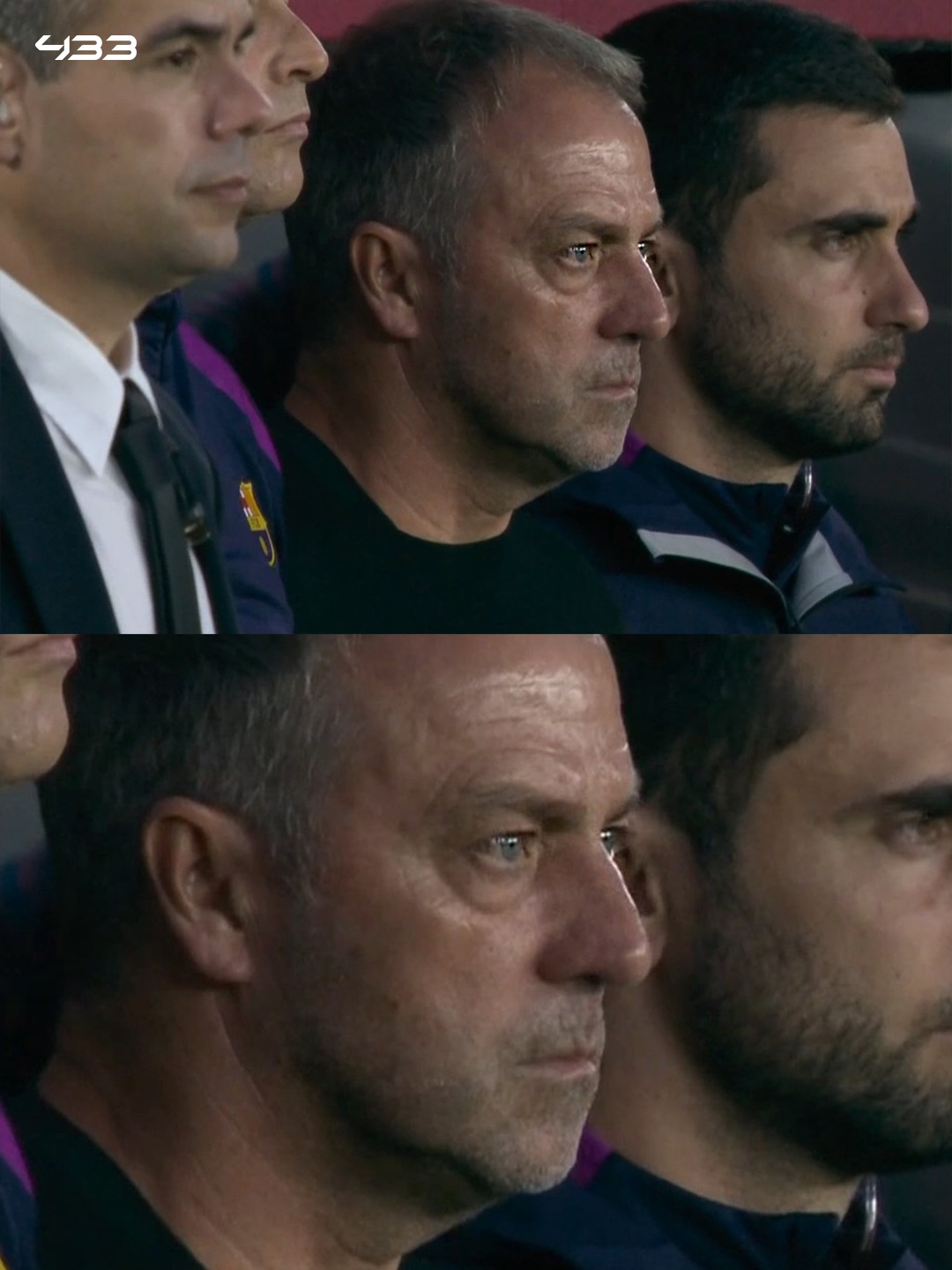 Hansi Flick emotional during a moment of silence for his dad, who passed away earlier today 😕💔

Flick informed the team and the Barcelona board this morning but still wanted to coach the game tonight.

After the match, Flick will travel back to Germany to be with his family. ✈️

Barcelona and Real Madrid held a respectful and emotional minute’s silence for his father 🙏💙❤️🤍