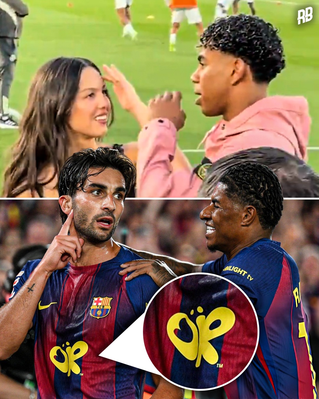 Lamine Yamal linking up with Olivia Rodrigo at El Clasico tonight at the Spotify Camp Nou… Barca currently repping the Olivia Rodrigo as the latest edition of their series of artists on the shirts for El Clasico games 🤝🏽

Barca are 2-0 with 30 minutes to go… Rashford and Ferran on the score sheet… La Liga trophy pics 😮‍💨🔜