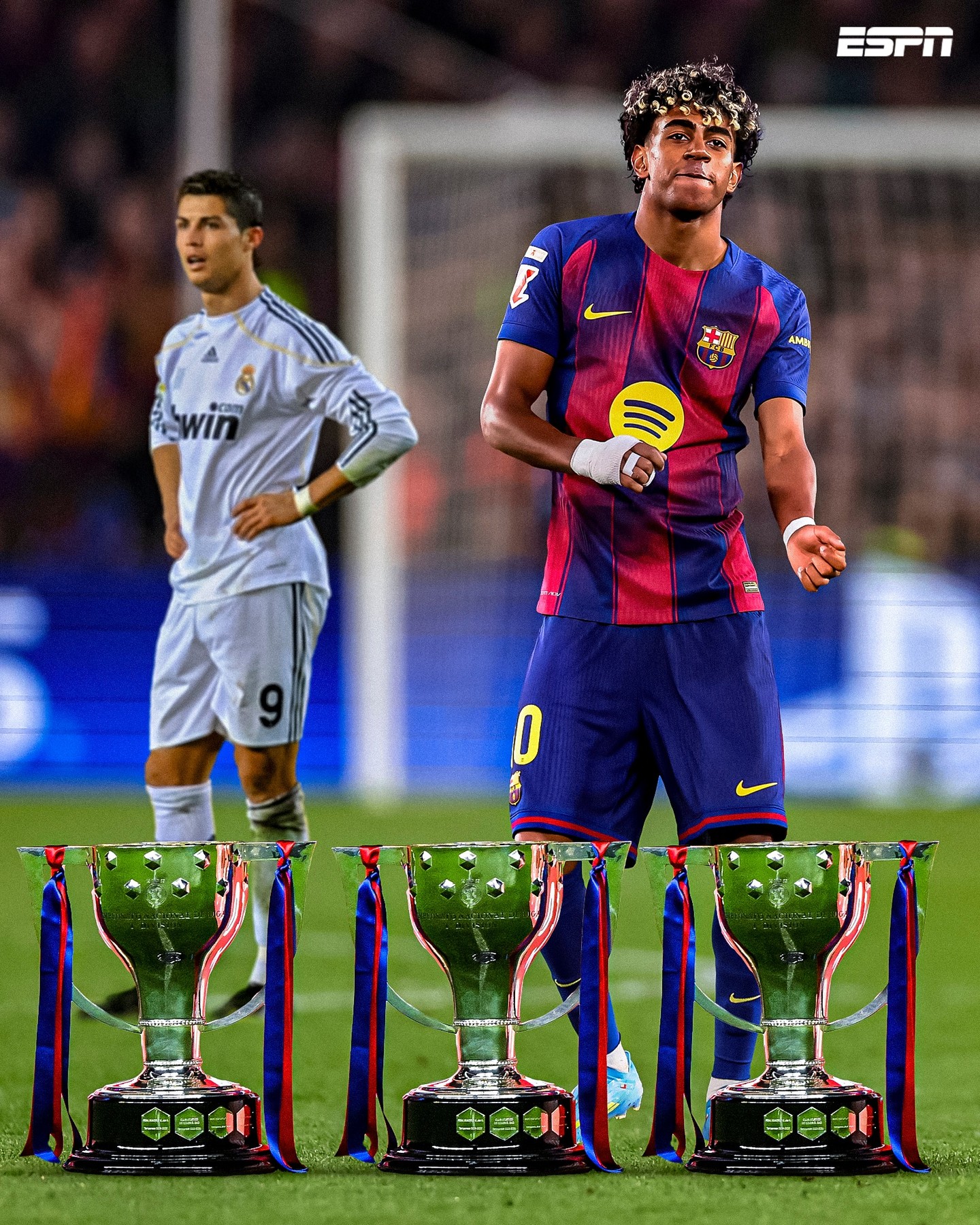 Lamine Yamal wins his third LALIGA title, surpassing Cristiano Ronaldo, who won two league titles during his time at Real Madrid 🏆🏆🏆

He's only 18 years old 🤯