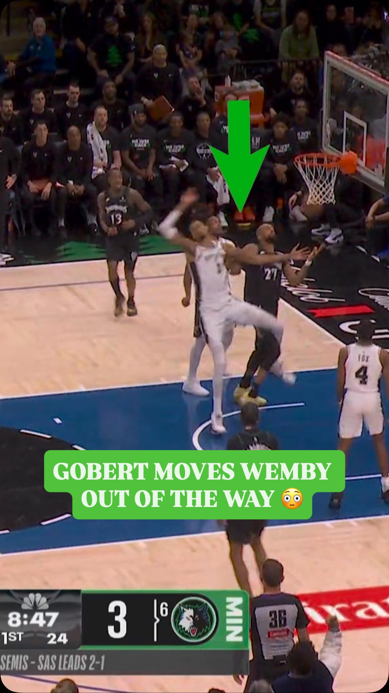 Rudy Gobert’s physicality on Victor Wembanyama paid off on this offensive rebound and dunk! 💪
