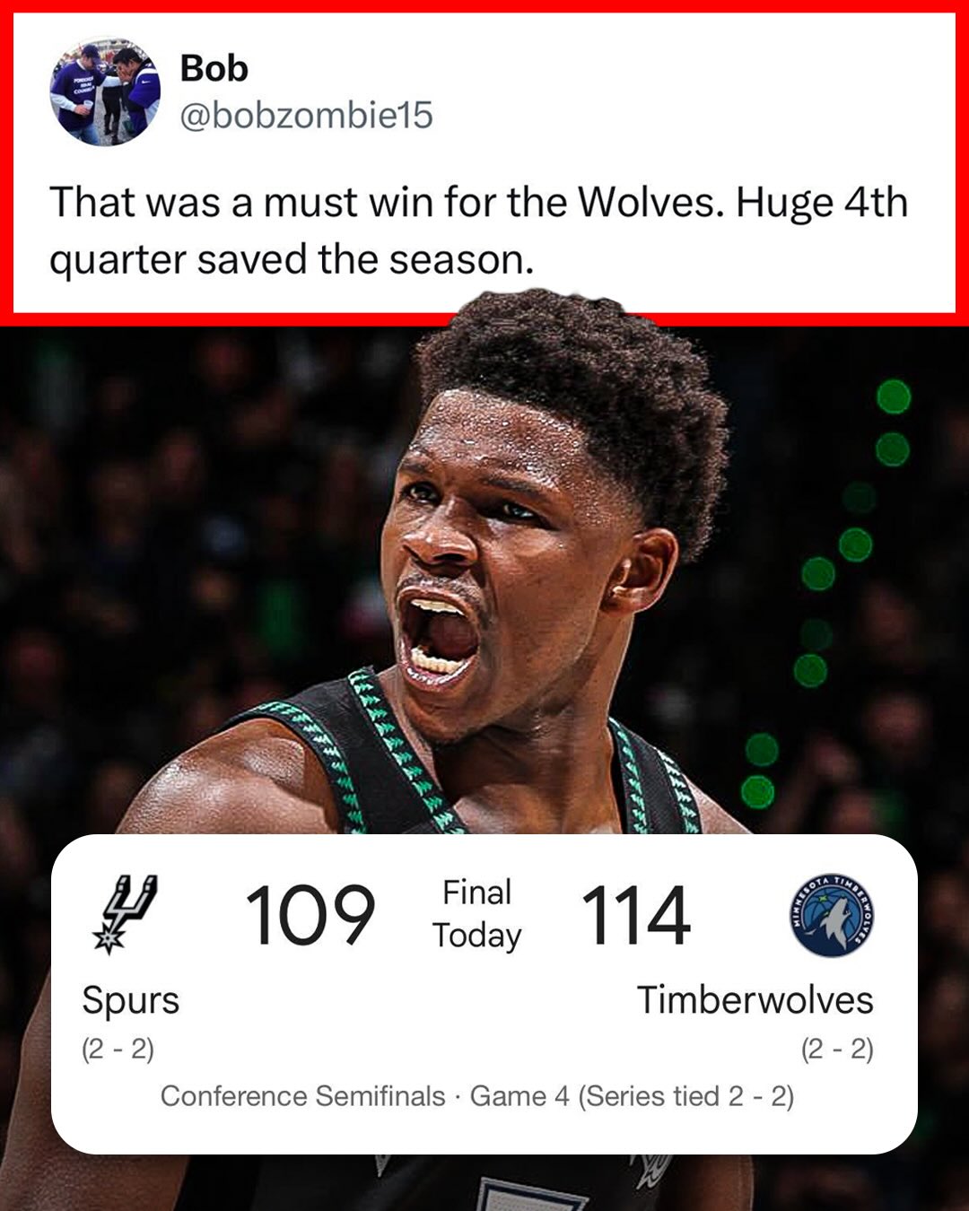 Anthony Edwards was super clutch in the 4th quarter and the Wolves level the series at 2-2 🐺

(h/t bobzombie15/X, MNkaileyyy/X, cozyfades/X)