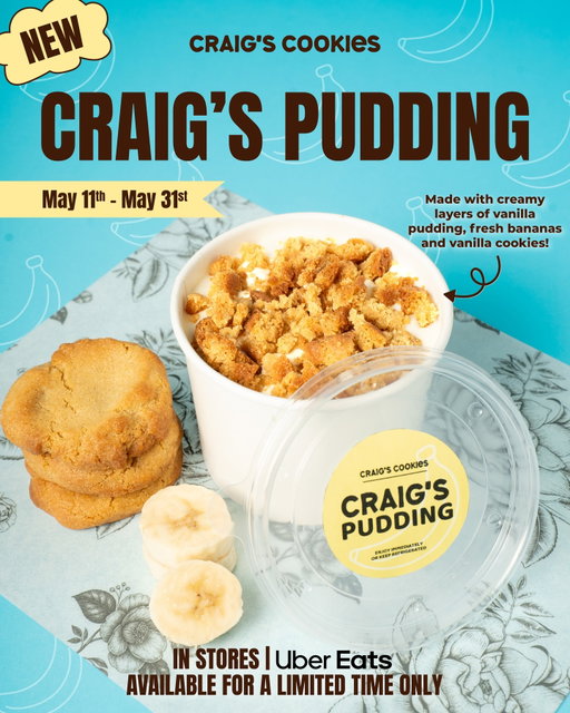 Introducing our newest creation…Craig’s Pudding! 🍌⁠
⁠
Satisfy your fruity dessert cravings with creamy layers of vanilla pudding, fresh banana slices and cookie crumbles. Thoughtfully layered to give you the perfect bite, every single time! 💛🍪⁠
⁠
Only available in stores and on Uber Eats until May 31st.