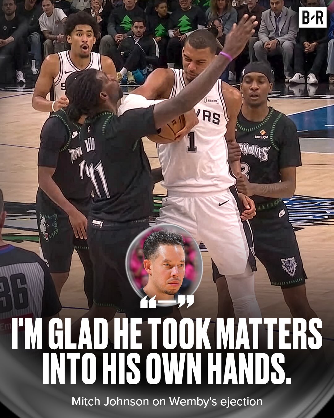 Spurs HC Mitch Johnson is NOT happy Wemby elbowed Naz Reid,  but feels Wemby has to protect himself if the referees will not

Johnson added that he is glad Naz Reid is OK

(via @spurs)