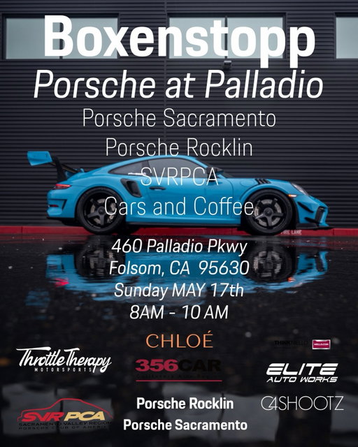 This Sunday, May 17th, the wait is over.
Join us for Boxenstopp: 

Porsche at Palladio!

A morning built for the Porsche community great cars, great coffee, and even better company.
FREE EVENT FOR EVERYONE!

📍 460 Palladio Pkwy, Folsom, CA 95630
🕗 8:00 AM – 10:00 AM
☕ Cars & Coffee
🏁 Hosted with SVRPCA and our amazing partners

Bring your Porsche. Bring your friends. See you Sunday.

#PorscheRocklin #PorscheSacramento #Boxenstopp #PorscheAtPalladio #CarsAndCoffee SVRPCA