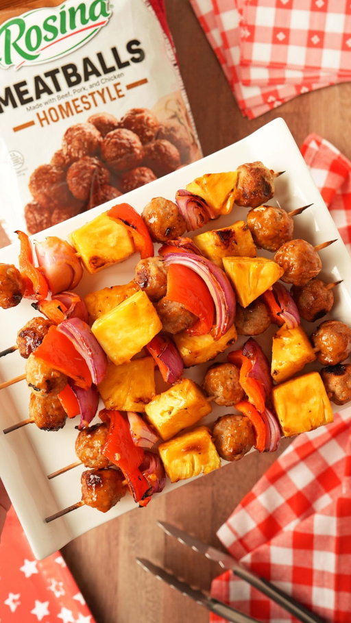 Elevating the backyard BBQ with a twist on a classic. 🥩🔥 #AD
.
These @rosinafoodproducts skewers bring the perfect balance of heat and sweet. Featuring Rosina Homestyle Meatballs, red onion, bell pepper, and caramelized pineapple. These are grilled until golden and glazed for that signature summer shine. They are the perfect “shortcut” complement to your next Summer BBQ! Find more summer recipes at @_easyhomemeals
.
For 6 skewers you’ll need:
Skewers:
24 Rosina Homestyle Meatballs -thawed
2 large Red Bell Pepper in 1” squares 
1 large Red onion cut into petals
2 cups pineapple chunks
Glaze:
1 ounce Lipton Recipe Secrets Onion Soup Mix (one packet)
1 cup Red Russian Dressing
1 cup Apricot preserves
.
Make:
Soak bamboo skewers in water for 30 minutes.
Whisk ingredients in a pan over medium heat for 3–5 minutes until thickened; set aside.
Alternate thawed meatballs, veggies, and pineapple on skewers.
Place on medium heat for 10 minutes, rotating occasionally.
Brush glaze over skewers twice—once at the start and again 2 minutes before pulling them off (when internal temp hits 165F.)
.
.
#RosinaMeatballs #GrillMaster #RosinaRecipes #SummerEats