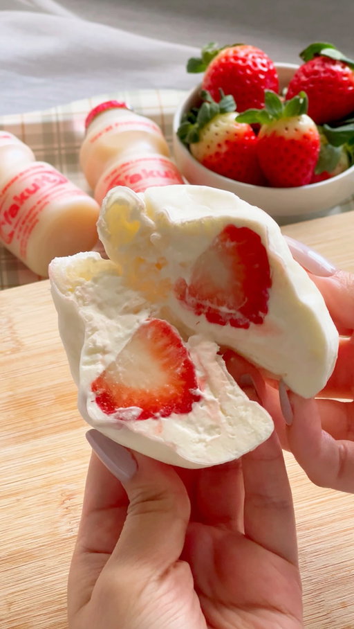 strawberry rice paper mochi with yakult cream 🍓☁️

the healthy mochi trend but replaced the Greek yogurt with @yakult.usa cream 💕

ingredients:
-rice paper
-strawberries

yakult cream:
-80ml yakult
-200ml heavy cream
-optional: powdered sugar for extra sweetness (about 2 tsp) 

directions:
wet your rice paper and place it into a small bowl.
whip together the yakult, heavy cream, and powdered sugar until light and fluffy. add a layer of whipped cream, place a strawberry in the center, then top with more whipped cream.
wrap it up and trim off any excess rice paper. freeze for 30 minutes before enjoying! you can eat it right away too, but freezing makes it easier to cut and gives the cream a delicious slightly frozen texture.

#ricepaper #mochi #yakult #asiandessert
#healthymochi
