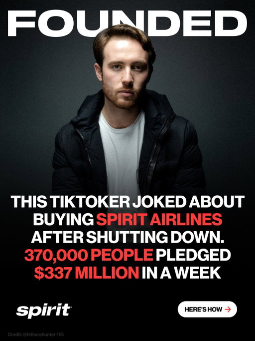 370,000 people just pledged $337 million to help a TikToker buy Spirit Airlines.

Spirit flew its last flight on May 2, 2026.

17,000 employees woke up without a job.

Then Hunter Peterson [@hitherehunter], a 32-year-old voice actor, posted what sounded like a joke.

His pitch was simple: if enough Americans chipped in $45 each, they could buy the airline together.

No billionaire owner.
No private equity play.

A people-owned airline, built like the Green Bay Packers.

He built the website in an hour [@spiritair2.0].

It crashed the same night.

One week later: 7 million views, angel investors calling, a legal fund forming, and $337 million in pledges.

Not bad for a joke that went too far.