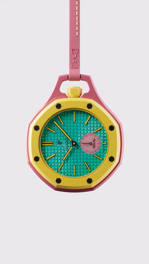 Eight unique pocket watches made for endless creative styling. Two Swiss icons. One collection that rewrites the rules of watchmaking. This is the Royal Pop Collection, a groundbreaking union of Audemars Piguet's iconic Royal Oak and Swatch's POP watches from the 1980s.
At the core of this collection is another world first: a brand-new version of our signature SISTEM51 movement, reimagined as a hand-wound caliber and finished with a dash of Pop Art. And to top it all off the watches are available in one of two unique styles: Lépine and Savonnette. Available as of May 16, at selected Swatch stores worldwide. #RoyalPop