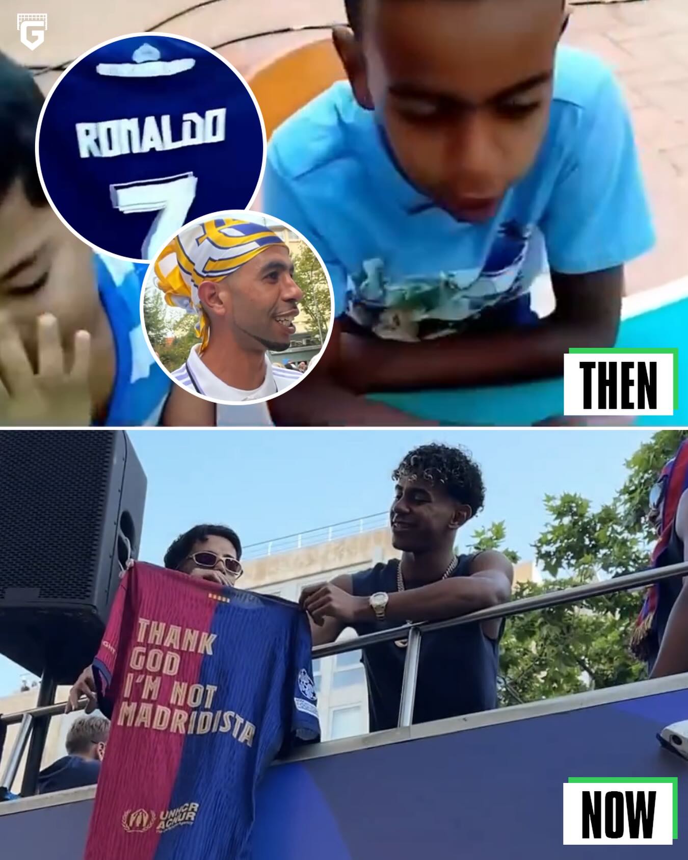 The Lamine Yamal timeline is so interesting…

An old unboxing video of a young Lamine resurfaced the internet where he proudly reveals a Cristiano Ronaldo Real Madrid shirt 😅

His father also was a public Madridista, supporting Real Madrid in the past, but he said this: 

“Visca el Barça. Even if I love Real Madrid, I don’t give a f**k, Barça are the ones who feed me!”. 👏🏼😂

Today, Lamine is the face of Barcelona and the golden boy of world football, he even held up a shirt reading “Thank god i’m not a Madridista” during the Trophy parade 🫣