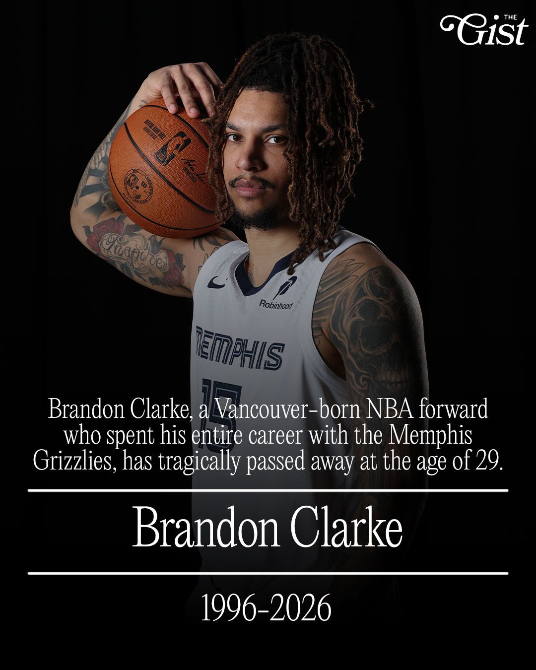Our hearts are with the Clarke family and the entire Grizzlies organization. 🤍⁣⁣
⁣⁣
Memphis Grizzlies forward Brandon Clarke tragically passed away on Tuesday. He was 29 years old. ⁣
⁣
Clarke, who was born in Vancouver, was drafted 21st overall in 2019 and played his entire career with the Grizzlies. ⁣
⁣
"Brandon was an outstanding teammate and an even better person whose impact on the organization and the greater Memphis community will not be forgotten," the Grizzlies put out in a statement. 🕊️⁣
⁣
#menssports #basketball #nba #memphisgrizzlies
