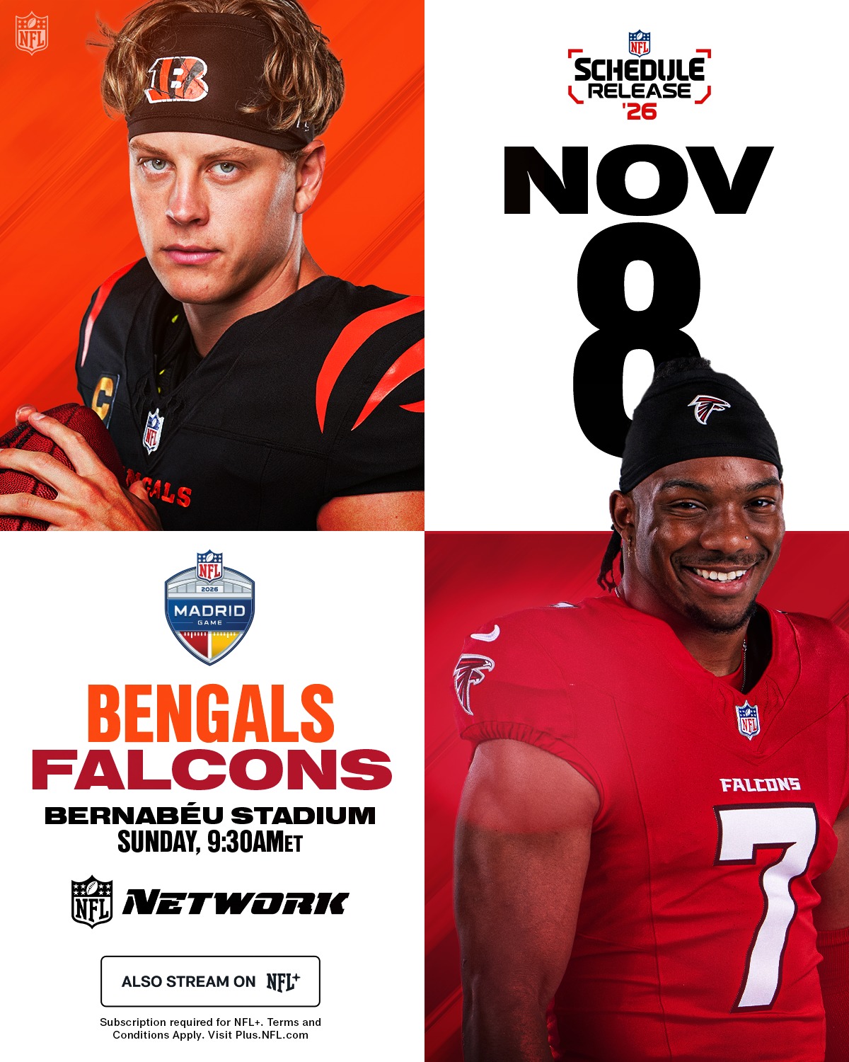 The @bengals and @atlantafalcons are headed to Madrid in Week 9 🇪🇸 @nflespana 

NFL Schedule Release — Thursday 8pm ET on ESPN/NFLN