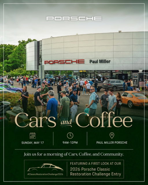 Cars & Coffee returns to Paul Miller Porsche this Sunday, May 17 ☕️🏁

Join us for a morning of cars, coffee, and community at our showroom. All are welcome to stop by.

Get a first look at our 2026 Porsche Restoration Challenge entry car that will be on display! 

Share this post around! We look forward to seeing everyone there. 

#porsche #ClassicRestorationChallenge2026 #PorscheClassic #CarsandCoffee #CarsAndCommunity