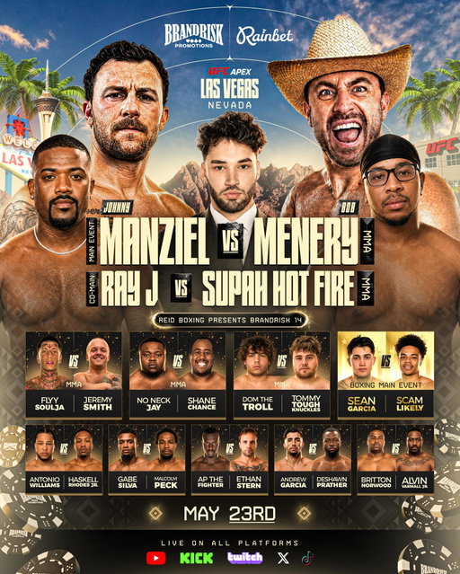 BRAND RISK PROMOTIONS EVENT 14 🚨 #BRP14

FULL CARD ANNOUNCEMENT 🥊

Johnny Manziel vs Bob Menery — Main Event 
Ray J vs Supah Hot Fire — Co-Main Event 

📍 UFC Apex, Las Vegas 
📅 May 23rd | 8PM PST 
🎥 Live on all major platforms 
‼️ FREE TO WATCH