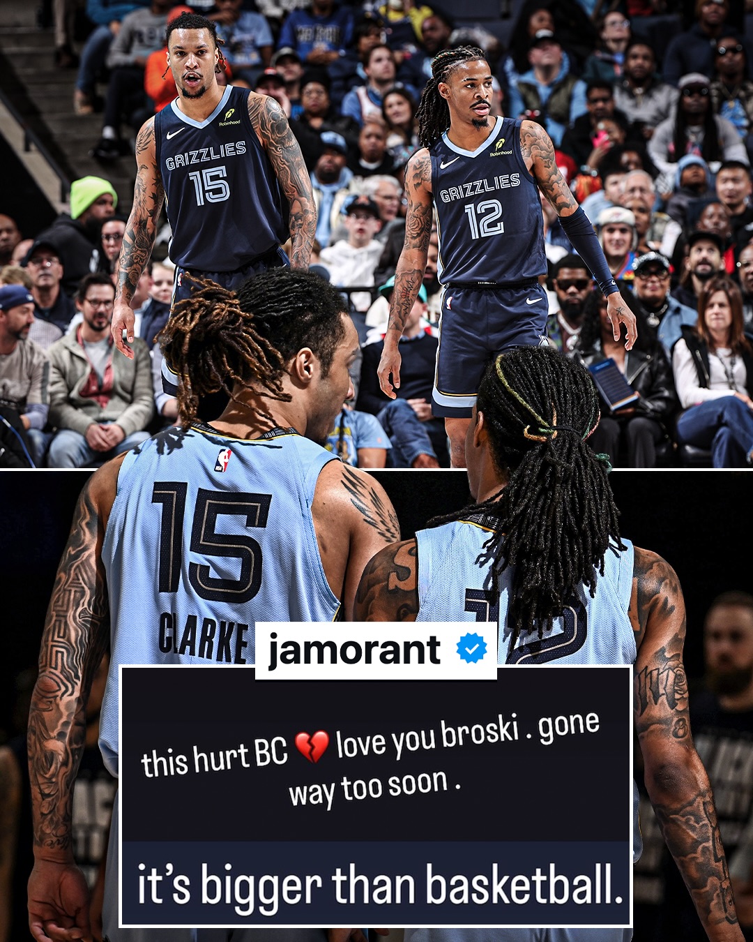 Ja Morant shared a message on social media following the death of his friend and teammate, Brandon Clarke. 

(via jamorant/IG)