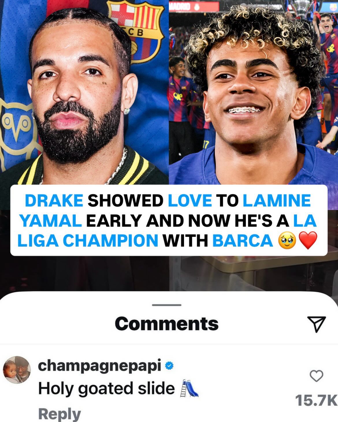 Drake showed love to Lamine Yamal and now Lamine is a La Liga champion with Barcelona 🥹❤️

Barcelona officially secured the La Liga title Sunday after finishing ahead of Real Madrid in the standings, with Lamine playing a major role throughout the season. Drake publicly supported the FC Barcelona star long before this championship run

Did you watch Barcelona win the league?