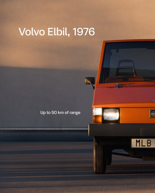 In 1976, we introduced our first electric car the Volvo Elbil (Swedish for "Electric Car"). Up to 50 km of range, powered by 12 6-volt batteries, was impressive for its time. 50 years later, the EX60 carries that legacy forward. Now with up to 810 km of range. A lot can change in half a century. Imagine the next.