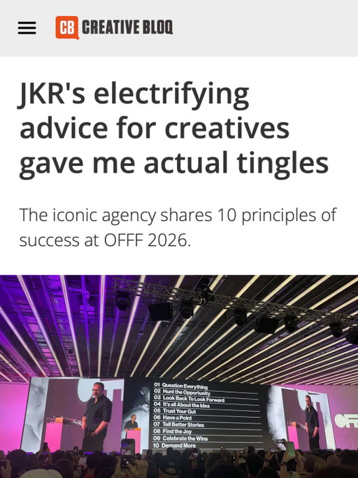 “Some briefs are terrible. You have to search for the opportunity to make something amazing out of a functional client brief.” @jkrglobal 

Thank you to @creativebloqofficial for covering Tosh Hall’s keynote at OFFF 2026: 10 principles for creative success that had the room locked in. 

🎟️ Early bird tickets for OFFF 2027 on sale until May 31
📍 May 6-8, 2027 | @dissenyhub