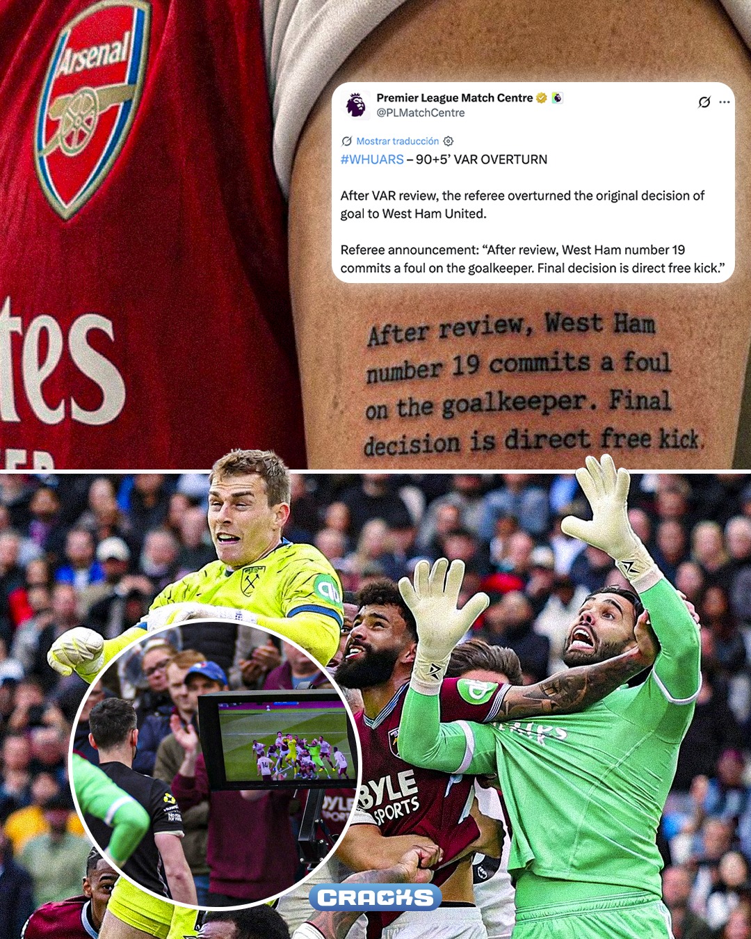 😭 UN AFICIONADO DEL ARSENAL SE TATUÓ EL COMUNICADO DEL VAR

📜 Sí, literalmente se tatuó el mensaje oficial de la Premier League tras el gol anulado al West Ham

🗣️ “Tras la revisión, el número 19 del West Ham comete una falta sobre el portero. Decisión final: tiro libre directo”