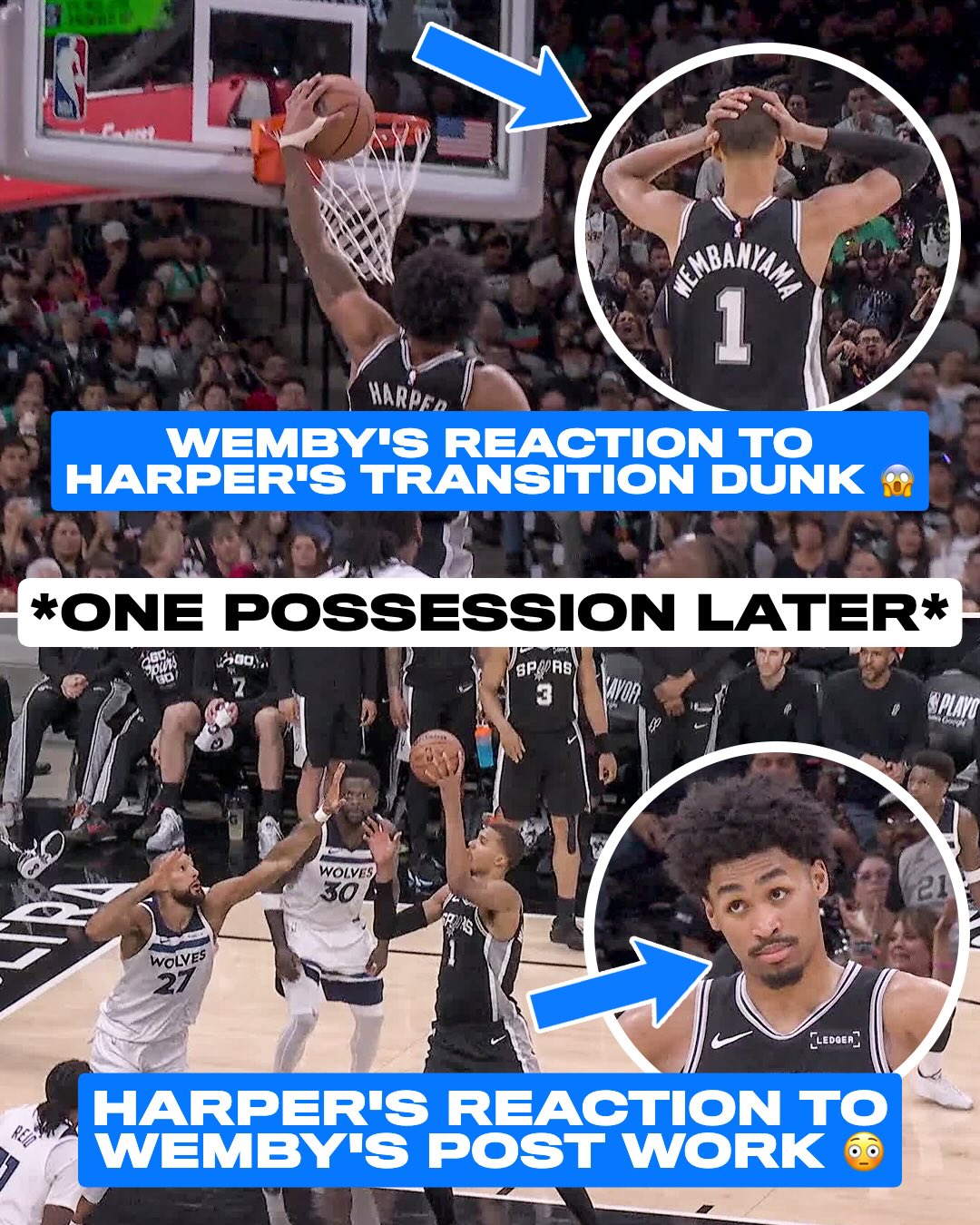 Victor Wembanyama and Dylan Harper really went emote-for-emote on consecutive plays 😭🔥 (🎥: @spurs)

SAS-MIN Game 6 on @primevideo Friday at 9:30PM ET 🍿