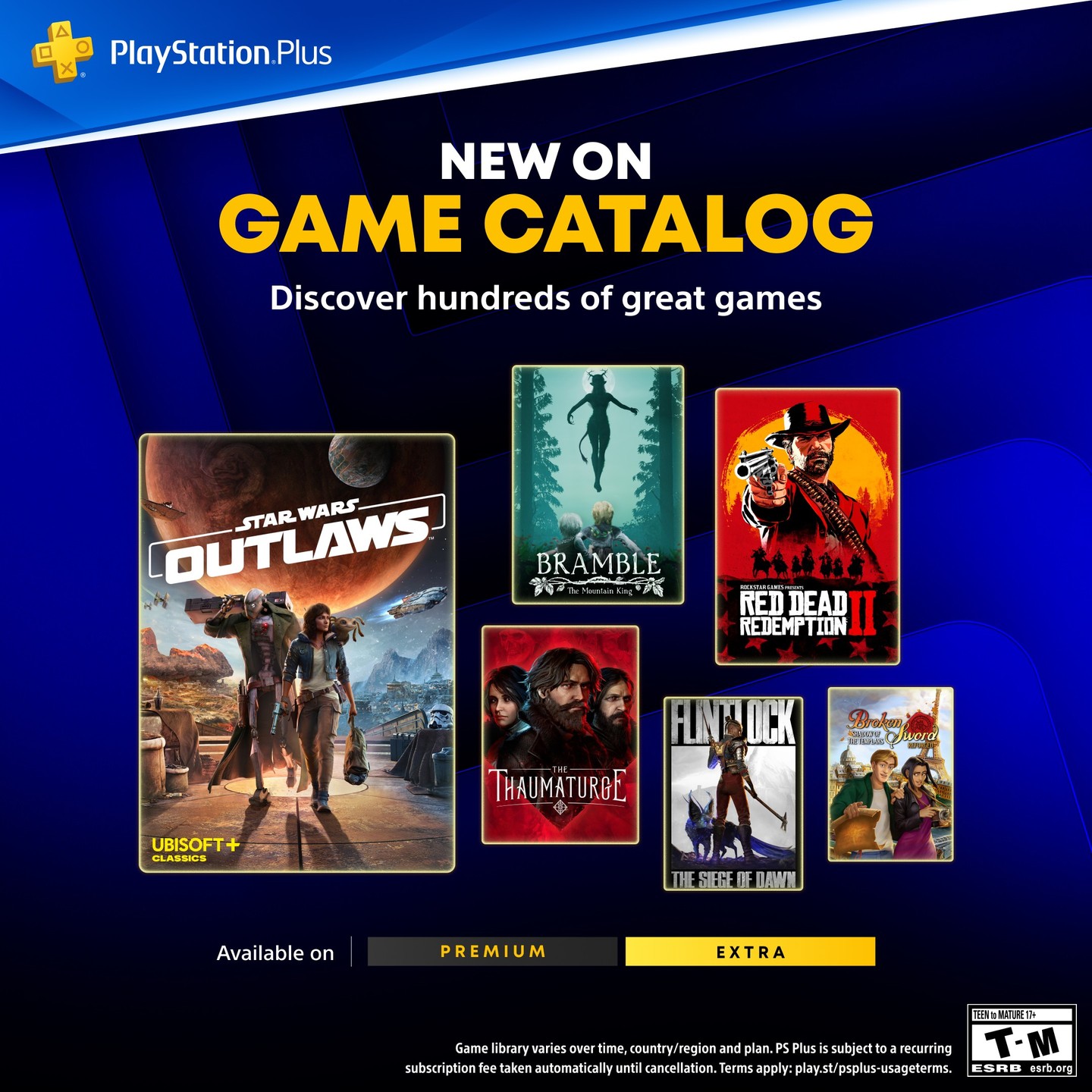 The PlayStation Plus Game Catalog for May includes: ⁣
⁣
🛸 Star Wars Outlaws⁣
🐎 Red Dead Redemption 2⁣
🌲 Bramble: The Mountain King⁣
🕯️ The Thaumaturge⁣
⁣
…and more. Find out the full lineup on PlayStation Blog.