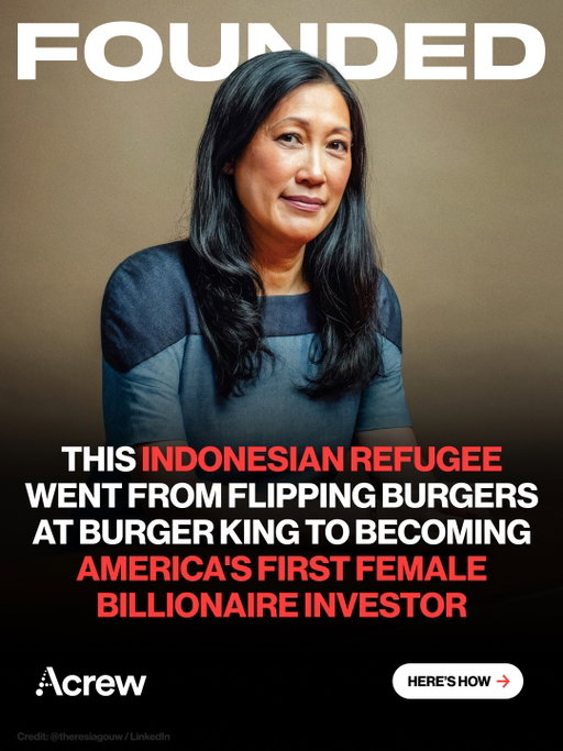 Theresia Gouw [@theresiagouw] went from flipping burgers to becoming America’s first female billionaire investor.

Her family fled Indonesia in 1971 and arrived near Buffalo with almost nothing.

Her father, once a dentist, washed dishes.
Her mother, once a nurse, worked as a waitress.

They rebuilt from zero, and Theresia used that pressure as fuel.

She became the first from her high school to get into Brown, earned her MBA at Stanford, then entered Silicon Valley investing.

In 2005, she was in the room when her firm backed a tiny college social network called Facebook.

That bet became historic.

Then she built Acrew Capital, now managing $1.7B.

In 2025, Forbes put her net worth at $1.2B.

Her parents gave her a chance.

She turned it into history.