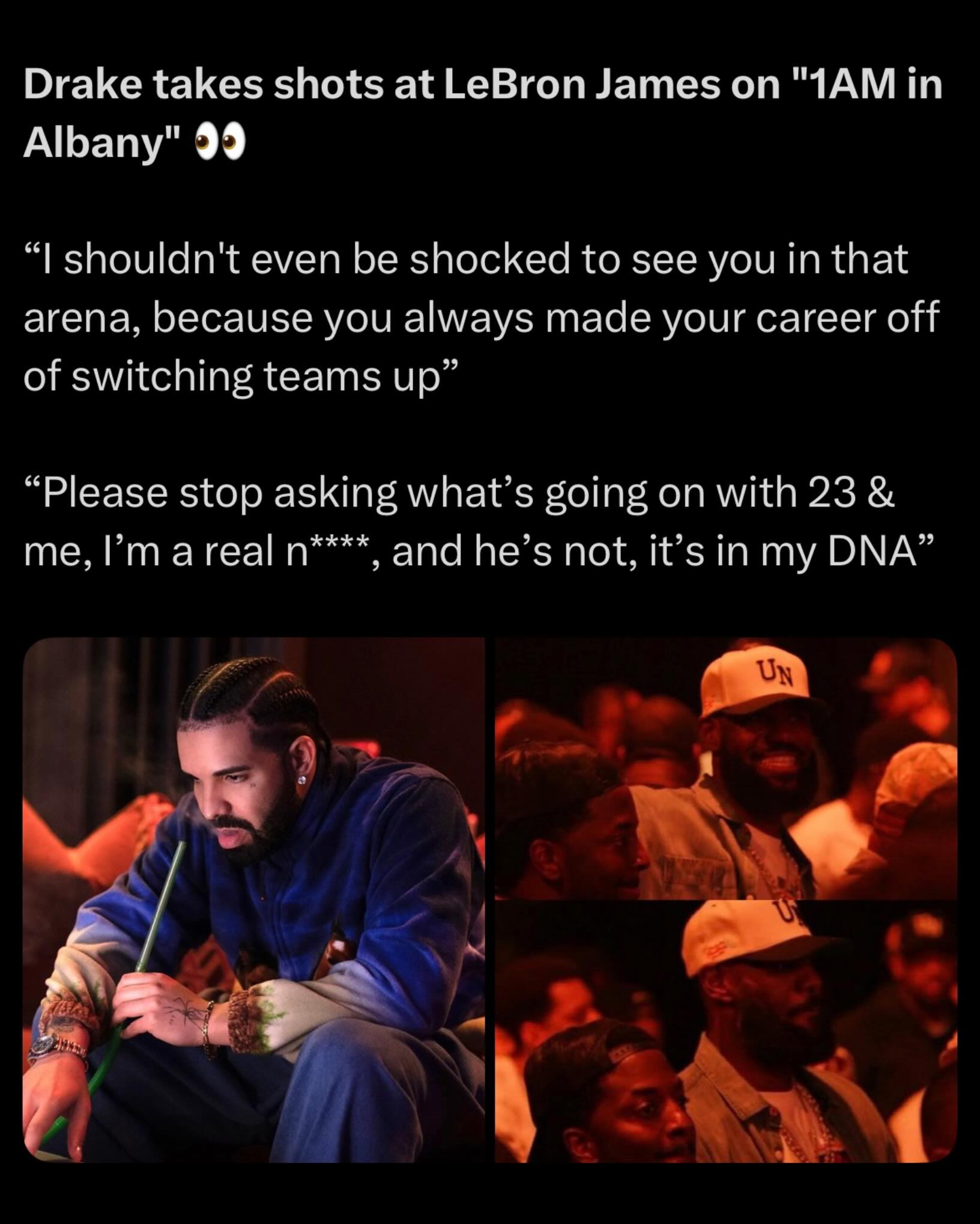 Drake just dissed Lebron on his new Album 👀

Drake really turned heads after fans caught what sounded like direct shots at LeBron James on songs tied to his upcoming album Iceman, especially after their friendship looked shaky during the whole Kendrick Lamar beef. Drake had spent years praising LeBron like a brother, shouting him out in songs, sitting courtside together, and moving like they were locked in for life, so hearing him rap about people “switching sides” and showing fake loyalty instantly had everybody connecting the dots to LeBron being seen at Kendrick’s Pop Out concert and vibing to “Not Like Us.” The bars weren’t super direct, but that almost made them hit harder because Drake clearly sounded hurt more than angry, like somebody he trusted picked the other team when things got ugly, and fans immediately started dissecting every lyric online trying to figure out how deep the fallout really goes. What made it even crazier is Drake already changed LeBron lyrics during live performances earlier this year, so by the time these new tracks dropped, people felt like the tension had been building for months behind the scenes, turning one of hip-hop and basketball’s biggest friendships into one of the most unexpected celebrity fallouts in recent memory. 

Follow US (@jukedly) to stay tapped if you love sports! 🔥