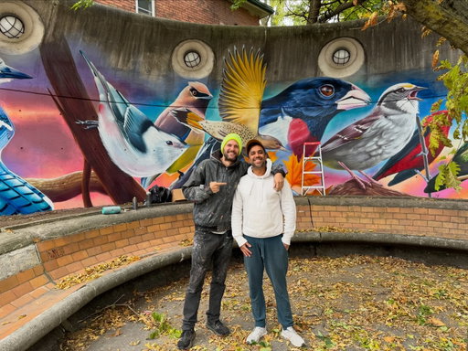 So, uh...

Last year I bought a 750 square foot painting. 

10’ tall, 75’ long, on a lonnnng strip of curved concrete outside a busy downtown subway station. 

Few months earlier I was walking under a bridge on a freezing night with @mbs_works when we stumbled on a stunning spraypainted Hooded Merganser. I was shook! 

I noticed a word in the corner—Sweetman—and googled “sweetman toronto” which took me to @nick_sweetman who became my favorite graffiti artist.

For months, I kept wondering how I could work with Nick till one day I walked past a brutalist concrete wall behind Dupont Station. 

The station is packed! Buses, trains, colleges, @casalomatoronto, everyone racing uptown, downtown, passing this massive empty wall.

I learned the Toronto Transit Commission (@takethettc) was paying to paint over tags on that wall 2-3x a week!

So I began organizing meetings with TTC councillors and local associations to work through q’s about paint, access, maintenance, and timelines.

Then I hired Nick for the the art! 

I gave him my two-word vision 
—local birds!—and he did the rest.

There are 16 species on the wall and all have been seen within 333m of Dupont Station within the past 3.33 years according to data from @cornellbirds and @team_ebird

The result? 

A painting I am endlessly inspired by which I hope inspires others, too.

Nick started painting on September 17th (my bday) and worked tirelessly—no stencils! no AI! no aids except a ladder!—until November.
 
Birds from L to R: Black-and-white Warbler, Blue Jay, White-Breasted Nuthatch, Cedar Waxwing, Northern Flicker, Rose-breasted Grosbeak, White-throated Sparrow, Scarlet Tanager, Ruby-throated Hummingbird, European Starling, Red-tailed Hawk, House Finch, Ruby-crowned Kinglet, Turkey Vulture, Blackburnian Warbler, and Common Grackle.

We recorded a podcast there, made a documentary (link in bio), and he added beauty to a dreary corner. 

Now ... I have big news. 

IT’S TIME FOR ANOTHER!

Why?

Because we need more beauty, more love, more awe, & more giant colorful things to walk by when you least expect them! 

So let me ask you:

WHAT BIRD DO YOU WANT ON THE WALL??

✌🏾🦅 -n