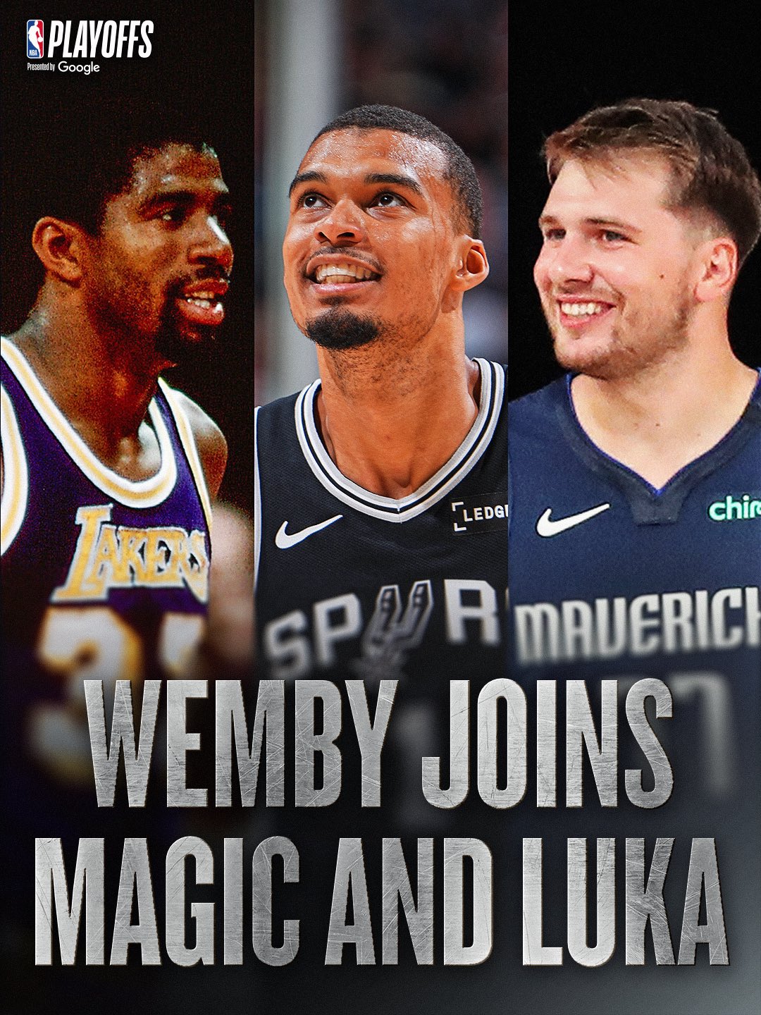 Youngest players to record 25+ PTS, 15+ REB, and 5+ AST in a postseason game: Magic Johnson (20yr, 276d), Luka Dončić (21 yr, 177d), Victor Wembanyama (22yr, 128d) 🙌 

SAS (3-2) MIN Game 6 of the West Semis is Friday at 9:30pm/et on Prime 🍿 NBA Playoffs presented by @google