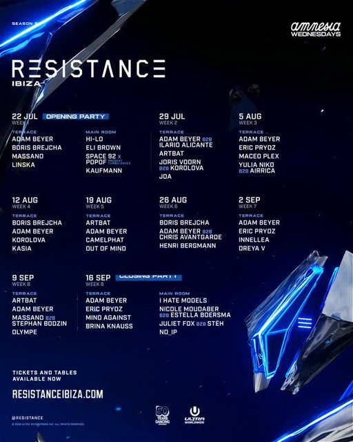 Nine weeks. One legendary home @amnesiaibiza. 
RESISTANCE Ibiza is back. 
Wednesdays from 22 July - 16 September. 

Tickets & Tables available at link in bio.

Residents:
@realadambeyer [All 9 Weeks]
@artbatmusic
@borisbrejcha [Ibiza Exclusive]
@ericprydz

Headliners:
@camelphatmusic
@chrisavantgarde
@elibrownbeats
@hilo_ofc
@ilario_alicante
@innellea
@jorisvoorn
@korolova.dj
@maceoplex
@massanomusic
@mindagainst
@nicolemoudaber
@stephanbodzin

Special Guests:
@brina.knauss
@dreyavmusic
@estellaboersma
@henri
@joajoa
@djjulietfox
@kasia.music_
@kaufmann.unofficial
@no_ip_music
@olympe__official
@outofmind_music
@yulianiko