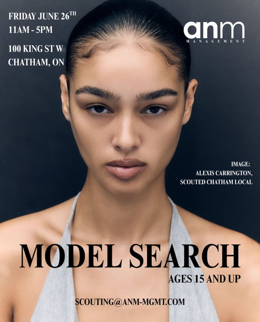 OPEN CALL 🗣️

Friday June 27th from 11am - 5pm! 

📍 @onehundredkingst 100 King St W, Chatham Ontario

Chatham we are coming to you 🫵 this is your chance to sign with one of Canada’s top agencies! 

Seeking:

Girls between 5’7 - 5’11 
Boys between 5’11 - 6’3 
Ages 15 and up 

No need to register, just show up (without makeup) and wear something form fitting. 

For any questions please contact scouting@anm-mgmt.com

#anm #anmmodels #scouting #opencall #chatham