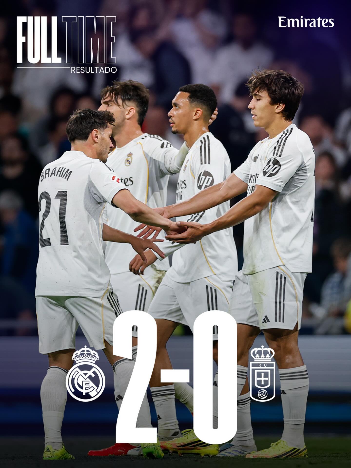 🏁 FT: Real Madrid 2-0 Real Oviedo
⚽ 44’ @GonzaloGarcia7_
⚽ 80’ @JudeBellingham
#RealMadridRealOviedo | @Emirates