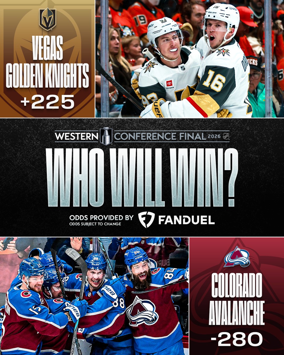 THE WESTERN CONFERENCE FINAL IS SET 🤩

The @vegasgoldenknights will battle the @coloradoavalanche for a spot in the #StanleyCup Final! 

Presented by @fdsportsbook