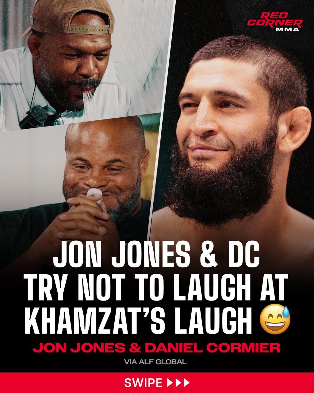 Jon Jones and Daniel Cormier took part in a “try not to laugh” challenge where they had to hold water in their mouths while watching funny clips 😭

One of the videos was Khamzat Chimaev laughing… and Jon Jones immediately spat his water out before asking:

“Is that real?” 😂

Even DC was struggling to hold it together.

Via @alfglobal