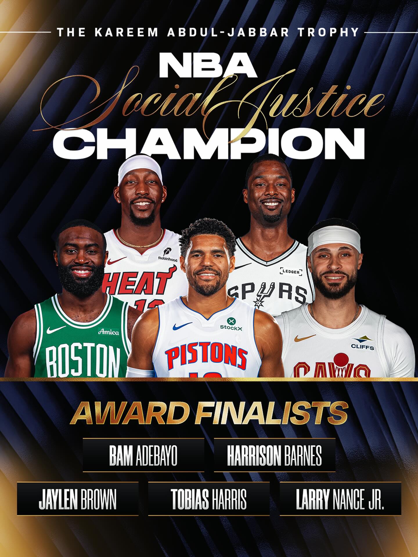 As we honor the sixth year of the NBA Social Justice Champion award, join us in recognizing Bam Adebayo, Harrison Barnes, Jaylen Brown, Tobias Harris, and Larry Nance Jr. as the finalists for the 2025-26 season. This award honors NBA Hall of Famer Kareem Abdul-Jabbar and his lifetime commitment to driving impactful change around social justice.
