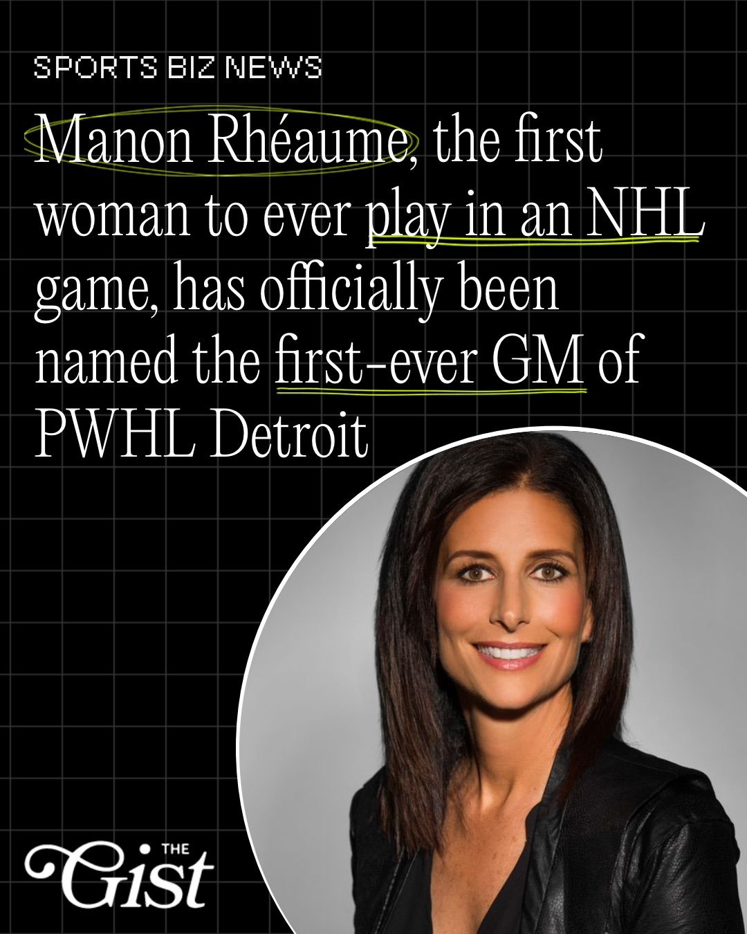 History-maker heading to Hockeytown! ✨⁣
⁣
The PWHL officially named trailblazer Manon Rhéaume as the first-ever GM of PWHL Detroit ahead of the team’s inaugural 2026–27 season. 👏⁣
⁣
Rhéaume, the first woman to play in an NHL game, brings major experience to Detroit after working in Hockey Operations with the Los Angeles Kings and spending more than a decade developing young athletes with Little Caesars AAA. ⭐⁣
⁣
She also represented Canada on the international stage, winning two IIHF Women’s World Championship gold medals and Olympic silver in Nagano. 🏒🇨🇦⁣
⁣
Now, she’ll help build Detroit’s roster from the ground up, with the 2026 PWHL Draft set for June 17 at Fox Theatre. 👀⁣
⁣
Detroit officially joined the league earlier this month alongside expansion announcements for PWHL Las Vegas and PWHL Hamilton, bringing the PWHL to 11 teams. 📈⁣
⁣
#pwhl #sportsbiz #womenssports #hockey #womeninsports