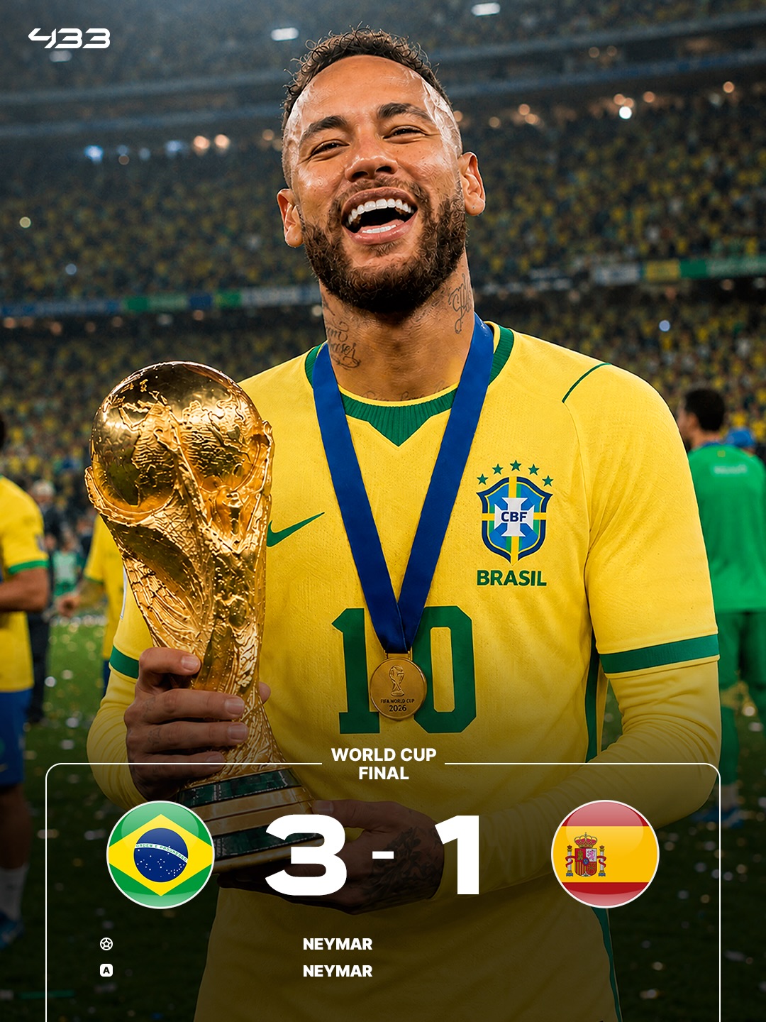 𝐍𝐄𝐘𝐌𝐀𝐑 𝐏𝐑𝐄𝐃𝐈𝐂𝐓𝐒 𝐖𝐎𝐑𝐋𝐃 𝐂𝐔𝐏 𝐅𝐈𝐍𝐀𝐋 👀🏆

When asked by @bruno.formiga what the World Cup final score will be, Neymar predicted a 3-1 win for Brazil over Spain, including a goal and an assist for himself 😏

In the comments, Neymar said: "You have to dream, right? 😂"

Now 𝙏𝙃𝘼𝙏 would be a final 😮‍💨