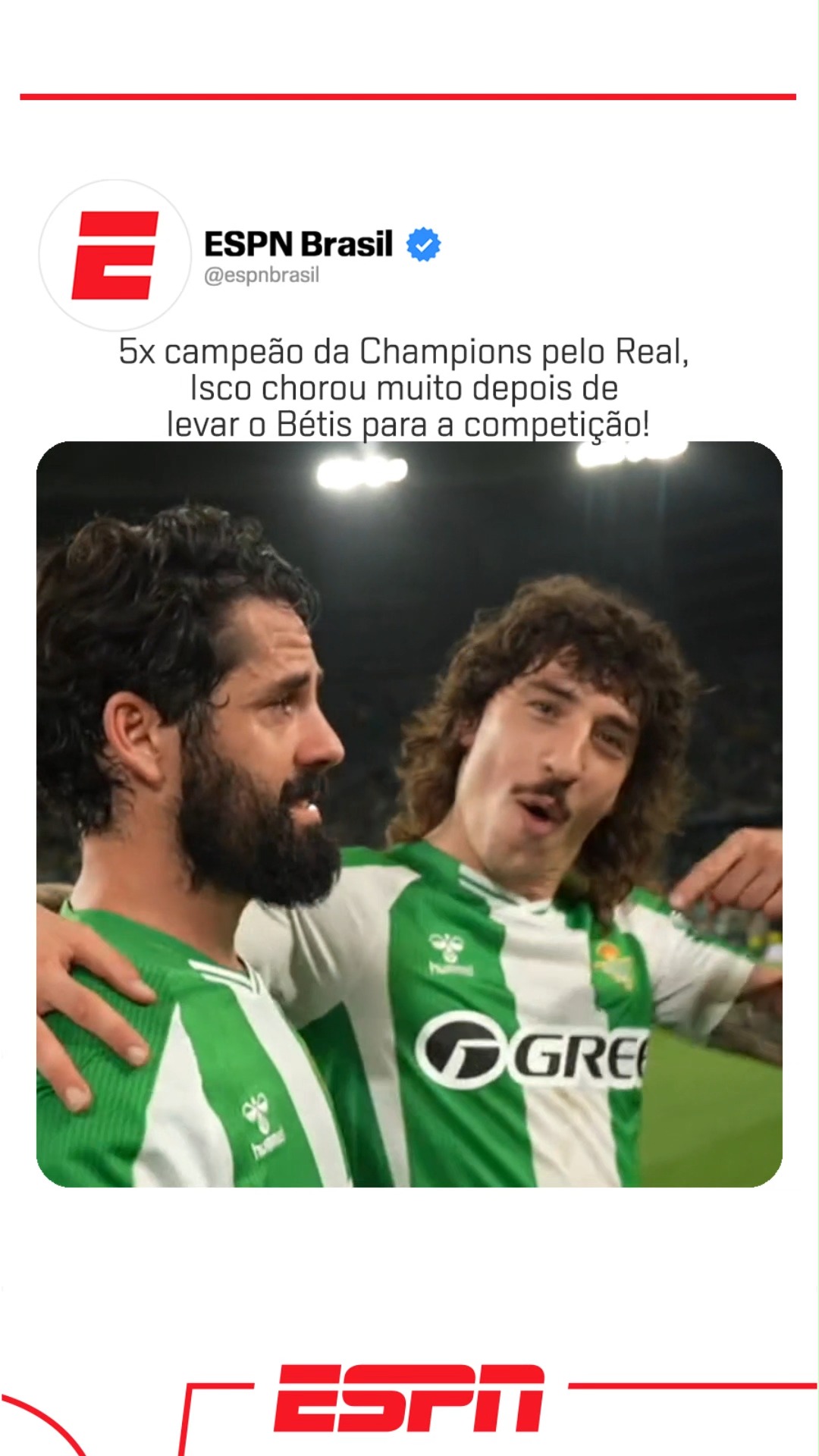 O FUTEBOL É INCRÍVEL! Cinco vezes campeão da Champions League pelo Real Madrid, Isco foi um dos principais jogadores na campanha do Betis que levou a equipe até a Champions nesta temporada de LALIGA. Depois da confirmação da vaga no meio da semana, Isco chorou MUITO! 

🎥@realbetisbalompie

ASSISTA à LALIGA na ESPN pelo Plano Premium do #DisneyPlus!

#LALIGAnaESPN #LALIGA #Betis #Isco