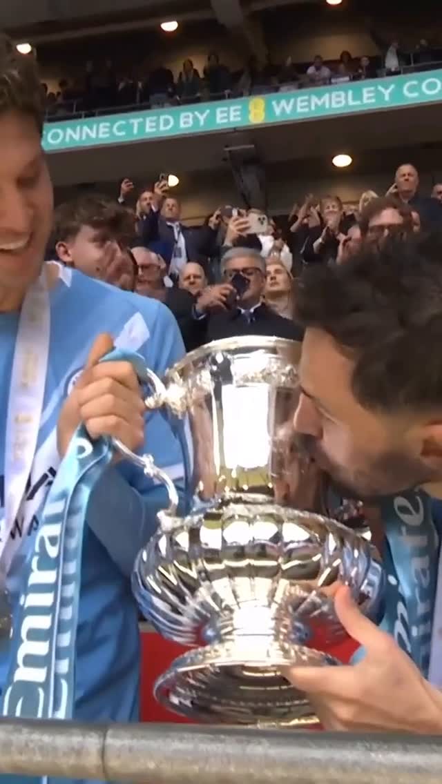 Club legends John Stones and Bernardo Silva lift the trophy together 🏆

The pair will leave Manchester City this summer 🩵