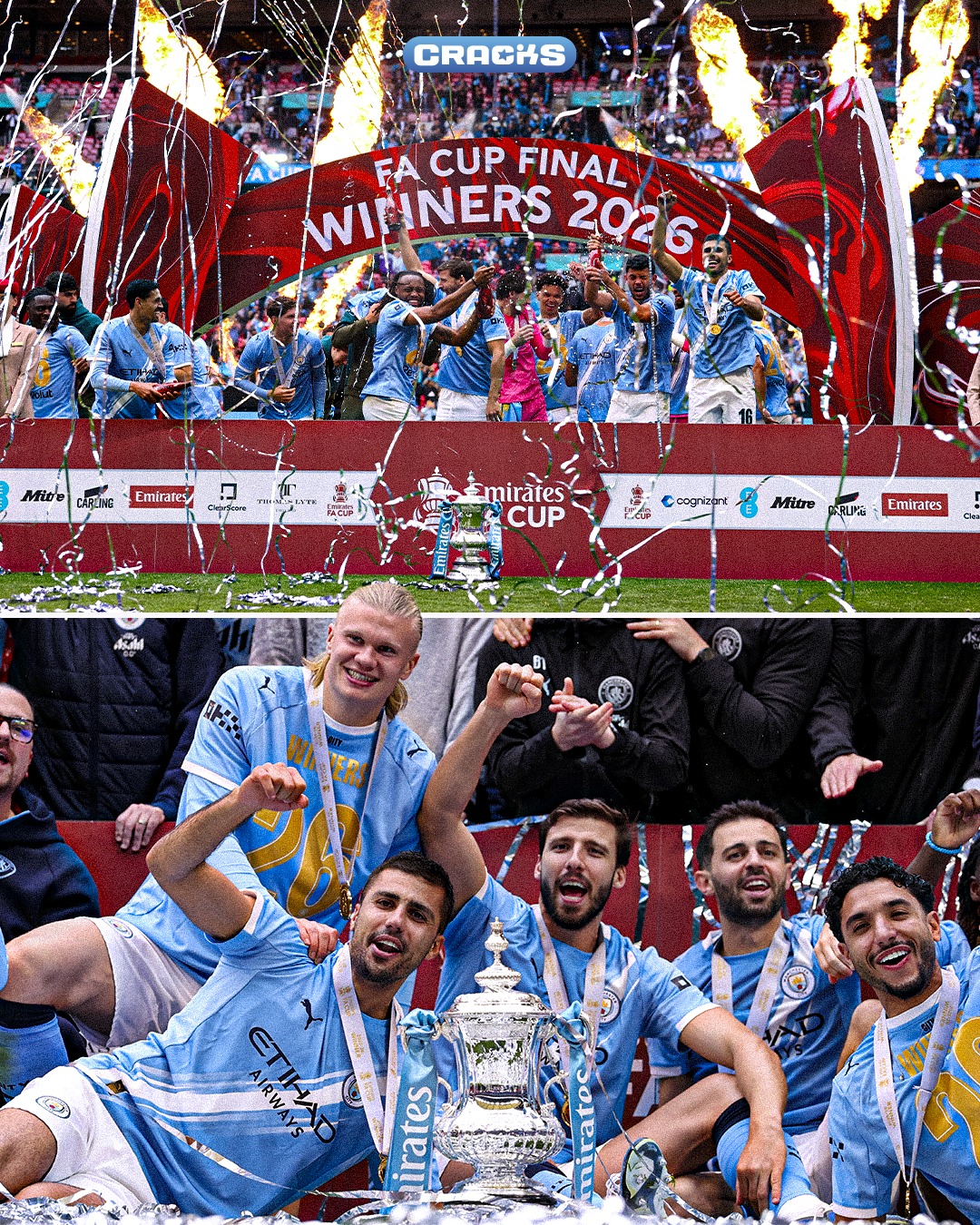 🏆🔵 ¡EL CITY HACE HISTORIA!

⚽ Manchester City conquistó la FA Cup 2025/26 y levantó su octavo título en la competición

💯 Es el PRIMER equipo en la historia en ganar TODOS sus partidos tanto en la FA Cup (6/6) como en la League Cup (6/6) en una misma temporada