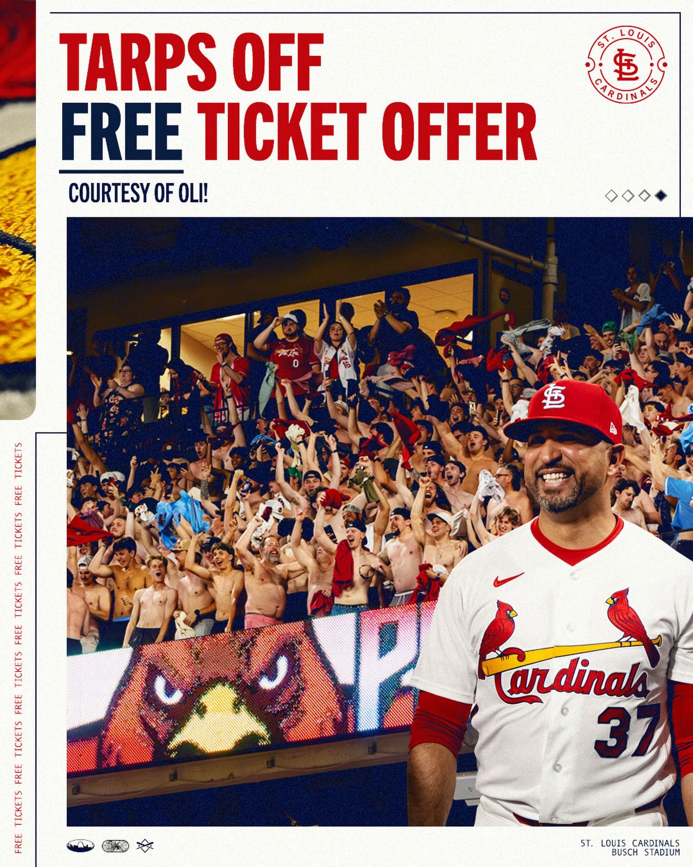 A true FLASH sale! Oli Marmol has bought out the remaining tickets in the Tarps Off section for both this afternoon’s and tomorrow’s games and made them available FREE to fans. 

Claim your FREE ticket, while supplies last: Cardinals.com/FlashSale