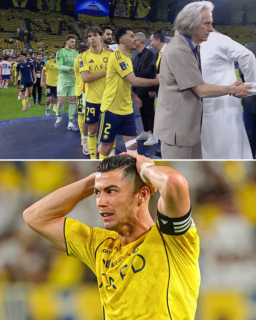Cristiano Ronaldo was absent from Al-Nassr’s silver medal ceremony after the Champions League Two final loss ❌

Jorge Jesus and João Félix stepped up to lead the team to the podium 🥈