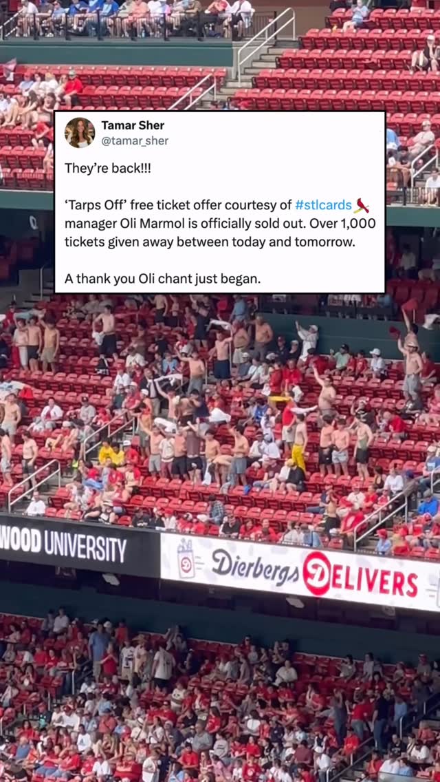 The “Tarps Off” fans who helped rally the Cardinals to a walk-off win last night are BACK 🔥

Cardinals manager Oli Marmol loved the energy the fans brought in right field, so he offered them free tickets to run it back again today 👏

(via @tamar_sher)